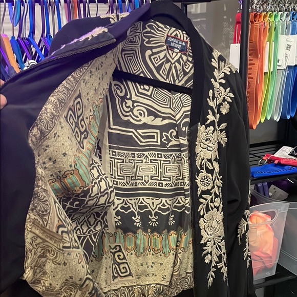 Johnny Was Black and White Bomber Jacket with Floral Embroidery - Picture 3 of 4